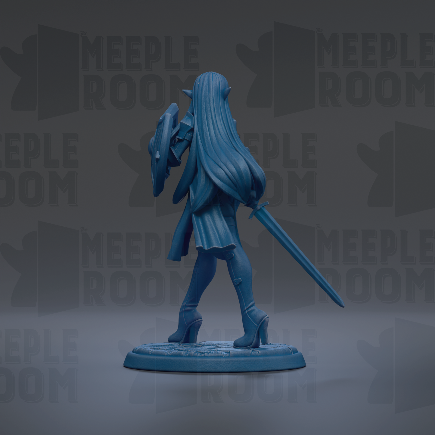 A blue figurine of a female character with long hair and a sword, standing on a base.