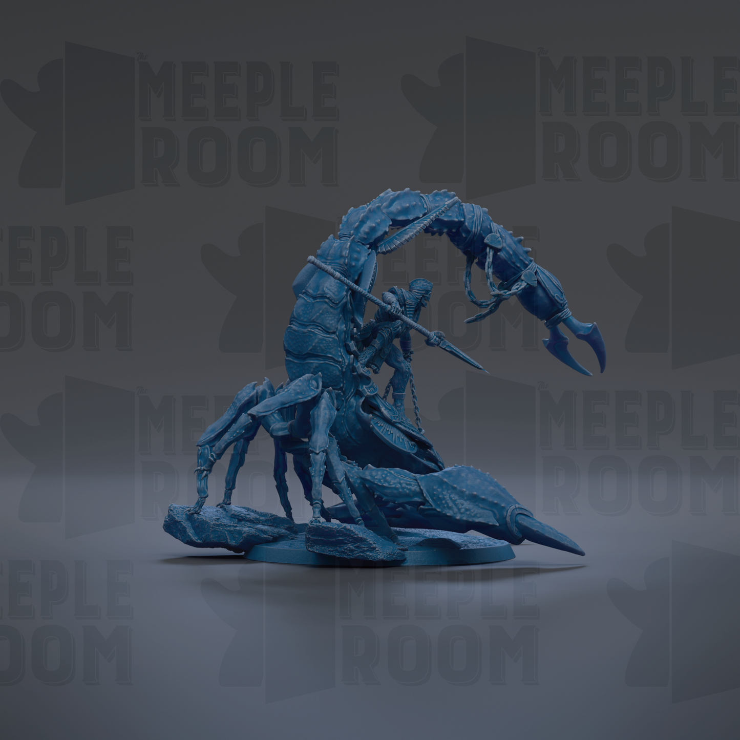 A 3D rendering of a blue, metallic-looking creature resembling a spider or scorpion, with a human figure riding on its back. The creature appears to be in motion, with the human figure holding a weapon. The background features the text "MEUPLE ROOM" repeated multiple times, suggesting the image is part of a larger collection or series.