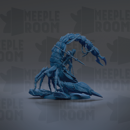 A 3D rendering of a blue, metallic-looking creature resembling a spider or scorpion, with a human figure riding on its back. The creature appears to be in motion, with the human figure holding a weapon. The background features the text "MEUPLE ROOM" repeated multiple times, suggesting the image is part of a larger collection or series.