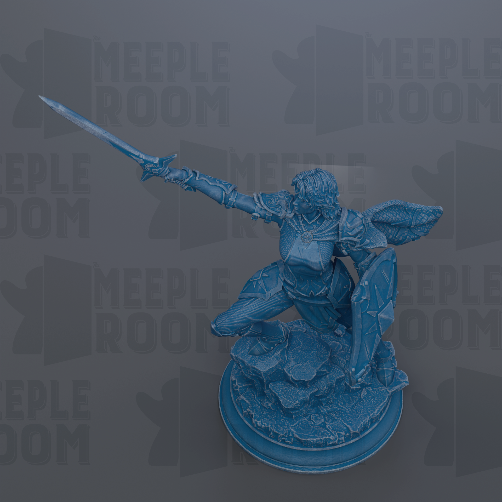 A blue figurine of a female warrior wielding a sword and shield, set against a dark background with repeated text.