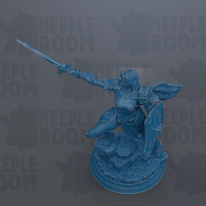 A blue figurine of a female warrior wielding a sword and shield, set against a dark background with repeated text.