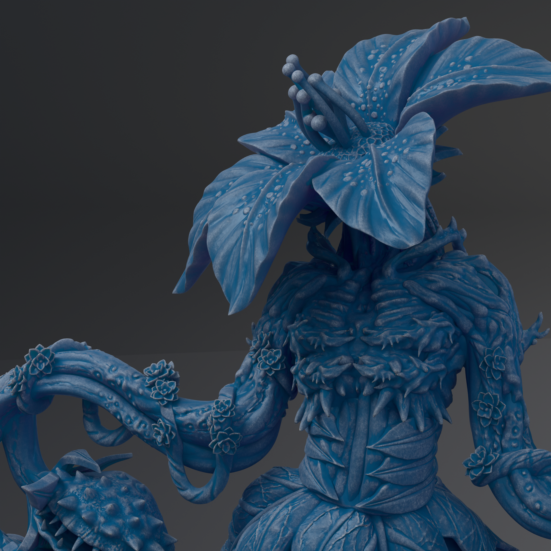 A highly detailed and intricate blue sculpture depicting a fantastical creature with an elaborate, organic-looking body and a large, intricately designed flower-like headpiece.