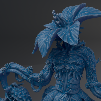 A highly detailed and intricate blue sculpture depicting a fantastical creature with an elaborate, organic-looking body and a large, intricately designed flower-like headpiece.