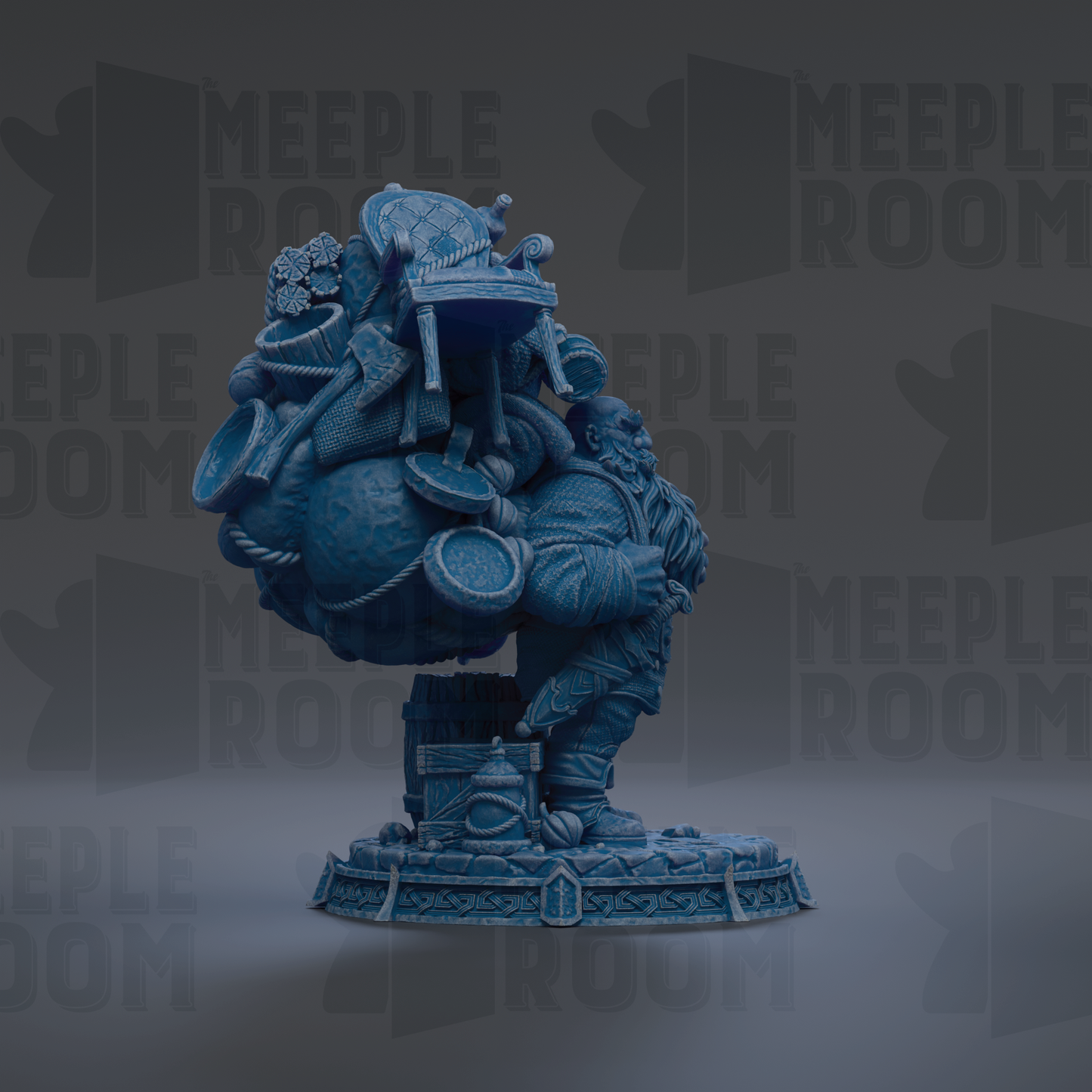 A blue, 3D-rendered statue of a person with a large, ornate headdress and a large, ornate body. The statue appears to be made of a material that resembles stone or metal, and it is set against a dark background with repeated text.