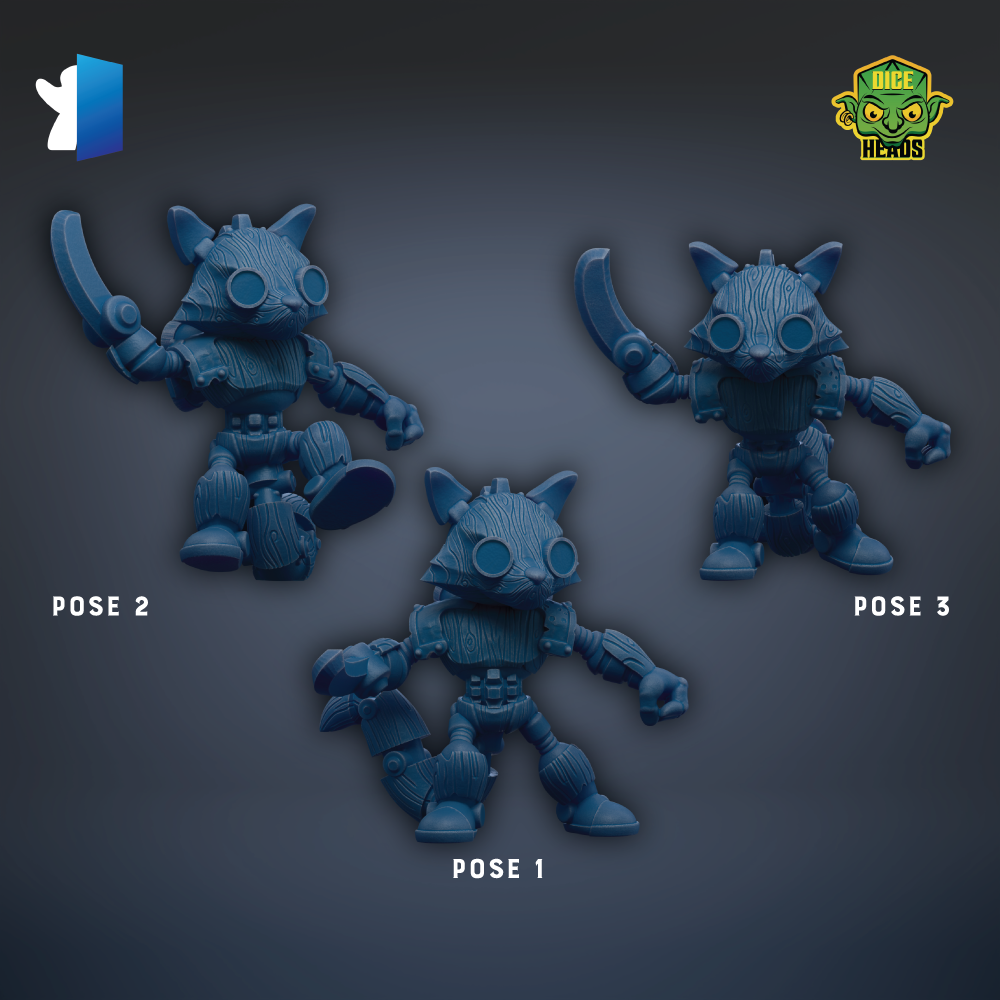 three blue toy robots with various poses, including one holding a sword and another holding a shield.