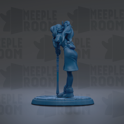 A blue figurine of a person standing on a platform against a dark background with repeated text.