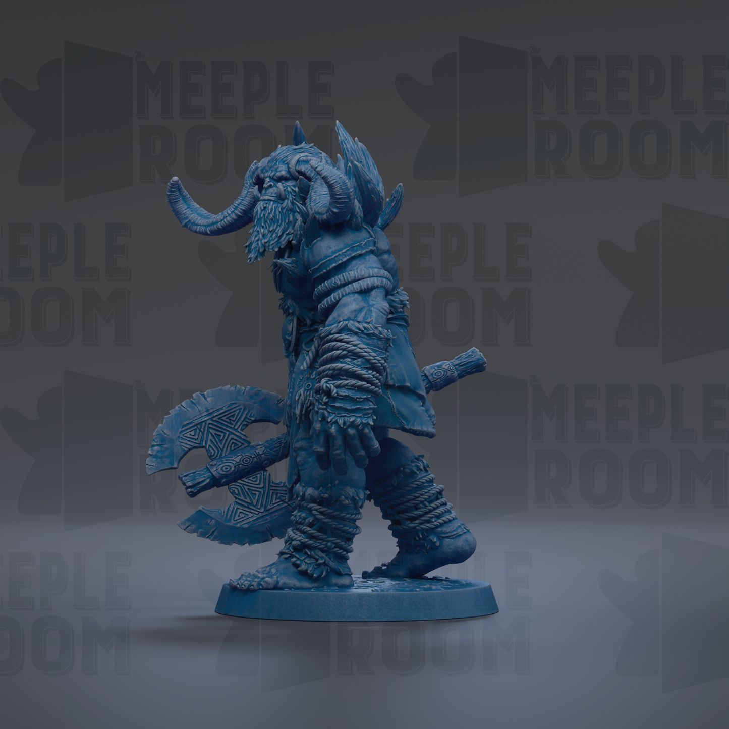 A blue figurine of a warrior-like character with horns and a beard, holding a large weapon, is the main focus of the image.