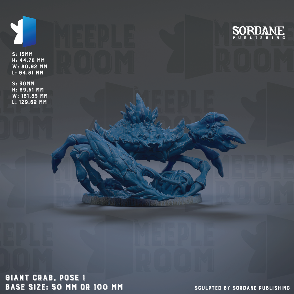 The image is a promotional poster for a giant crab pose, featuring a detailed 3D rendering of the crab in a pose. The poster includes text providing information about the crab's size and base size, as well as the company responsible for the product.