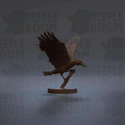 A 3D rendering of a bird, possibly a crow, in flight against a dark background with repeated text.