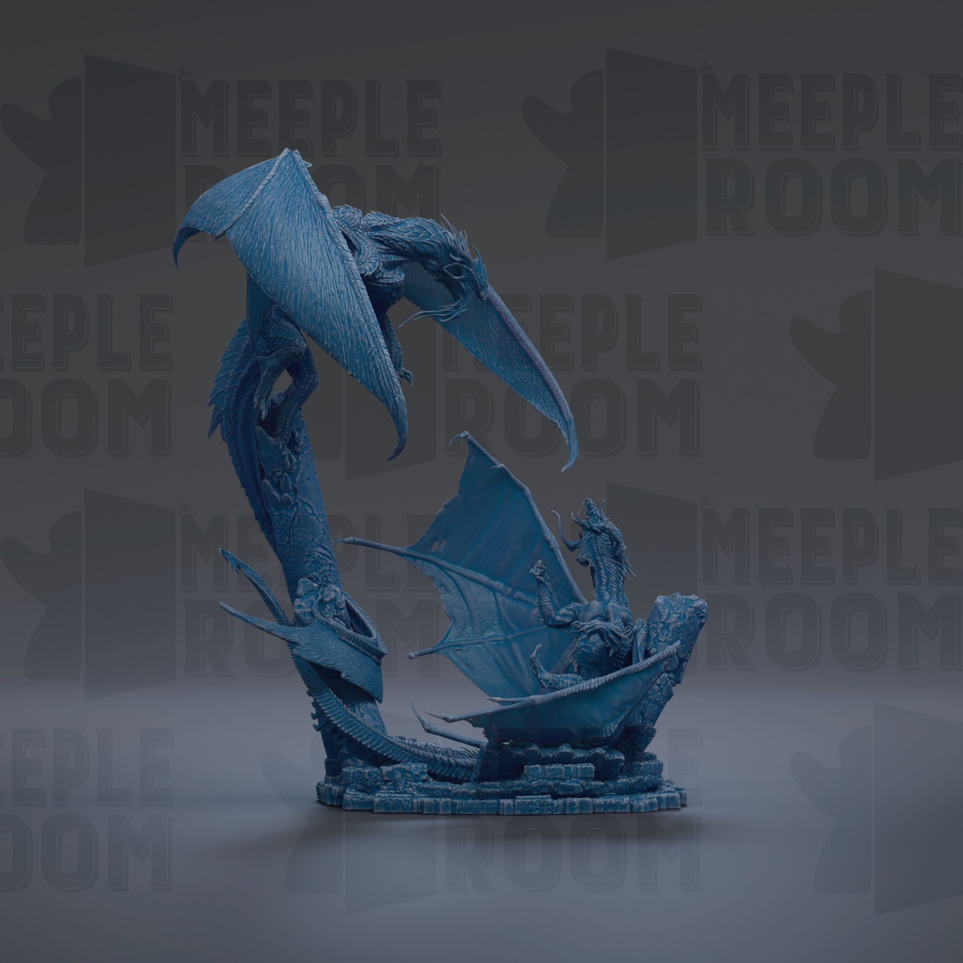 A blue dragon statue with wings spread, standing on a platform against a dark background with repeated text.