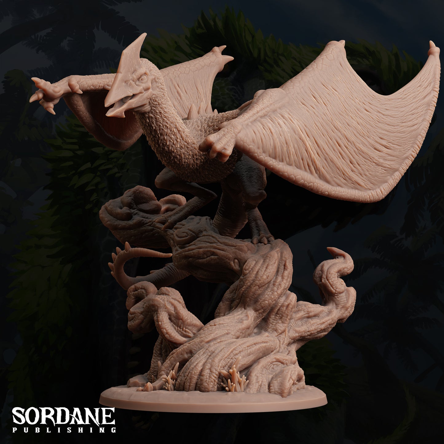 a statue of a dragon on a tree branch