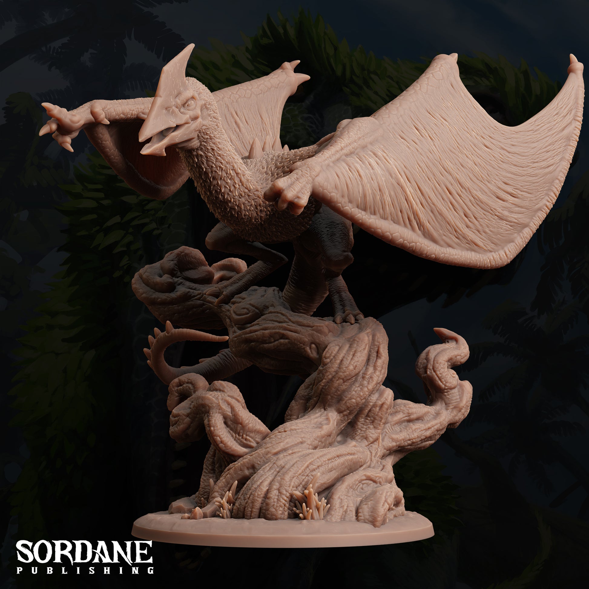 a statue of a dragon on a tree branch