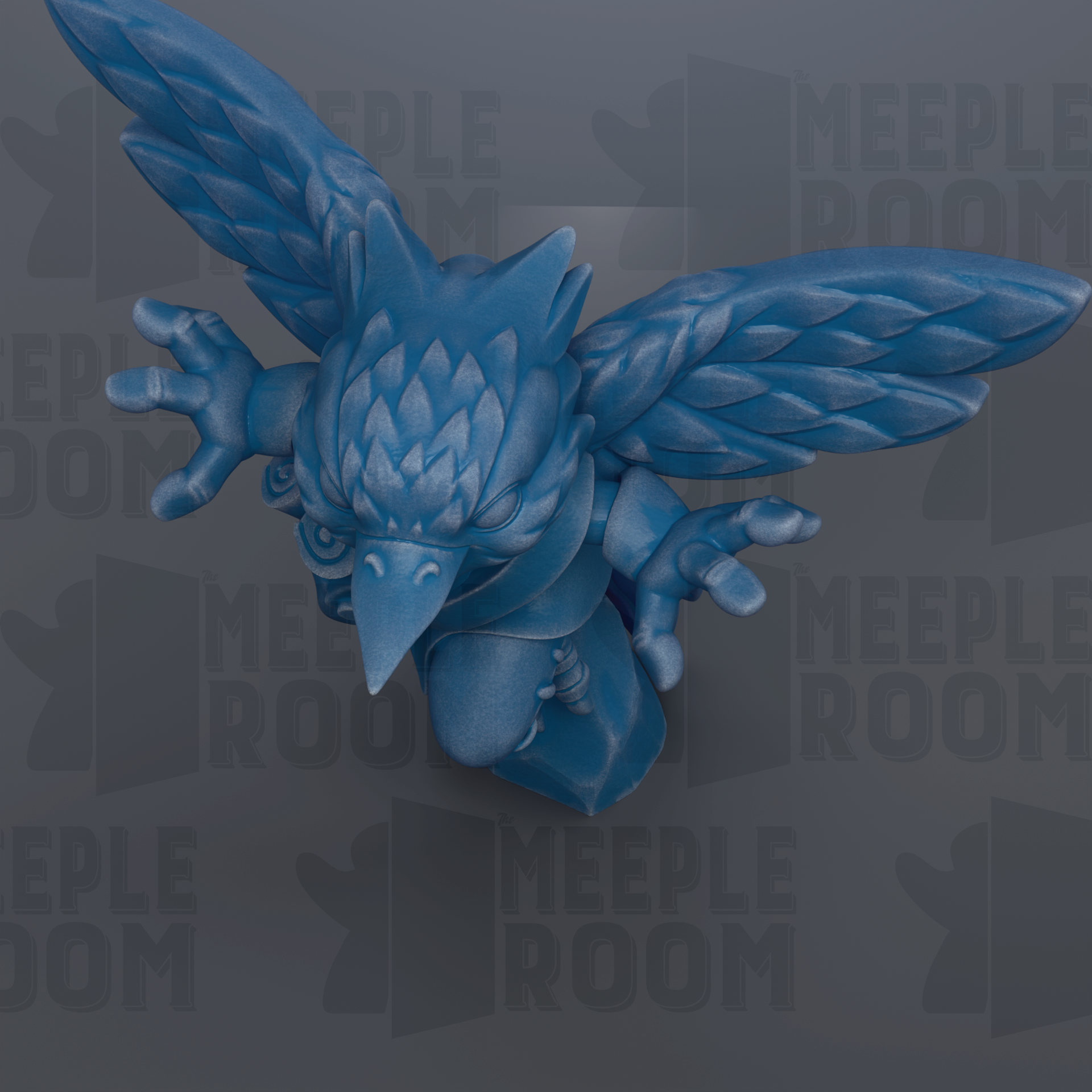 A blue bird-like creature with outstretched wings and sharp beak is prominently featured against a dark background with repeated text.