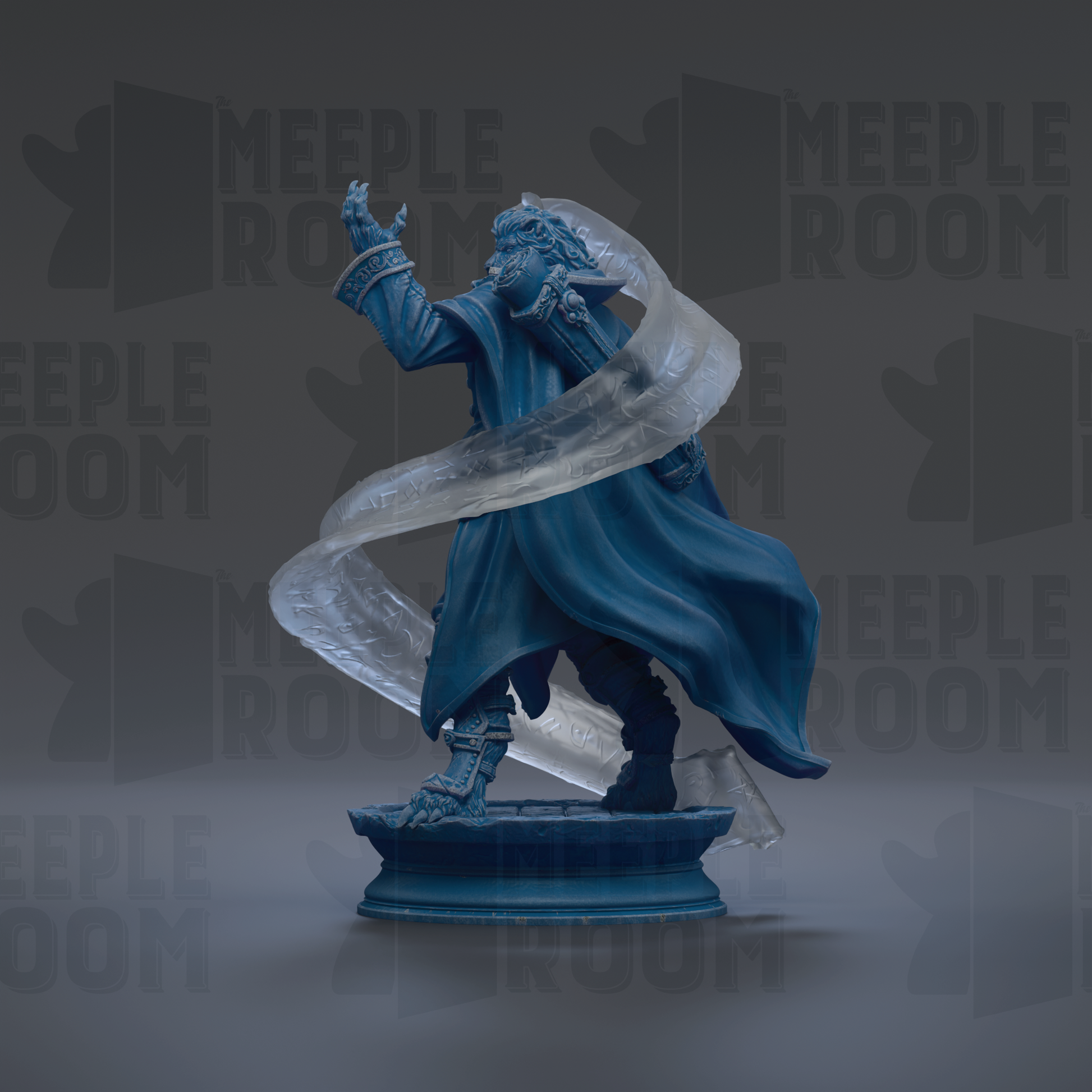 A blue statue of a figure with flowing robes and a flowing cape, standing on a pedestal against a dark background with repeated text.