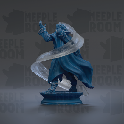 A blue statue of a figure with flowing robes and a flowing cape, standing on a pedestal against a dark background with repeated text.