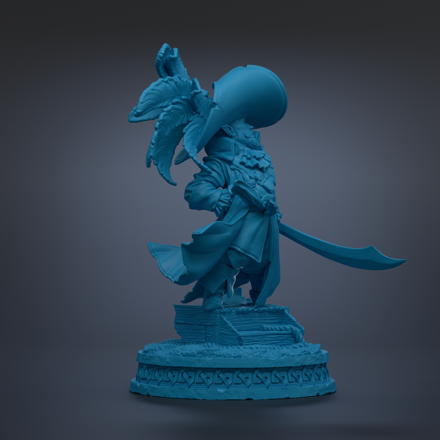 A blue statue of a pirate standing on a pedestal, holding a sword and wearing a hat.