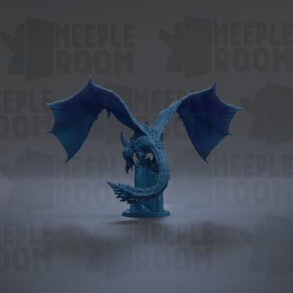 A blue dragon figurine with outstretched wings is the central focus of the image.