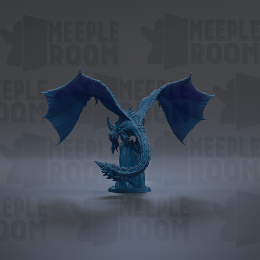 A blue dragon figurine with outstretched wings is the central focus of the image.