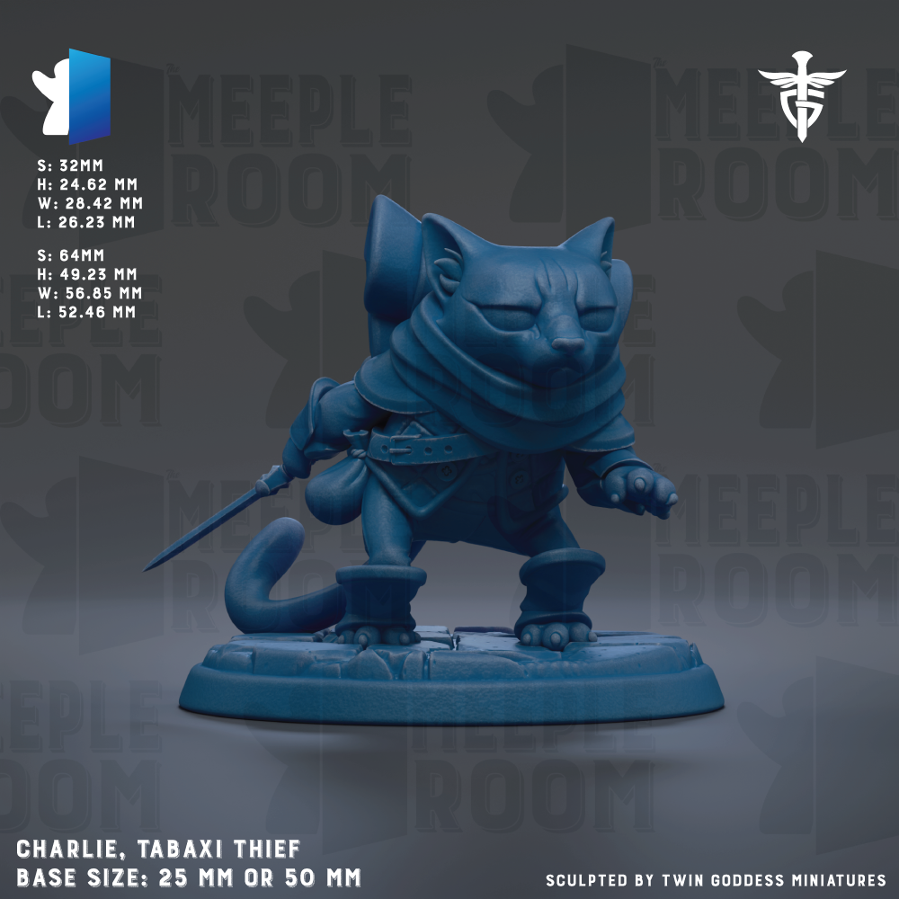 a figurine of a cat-like creature, possibly a theft or theft-related character, with a sword in its hand. The figurine is described as a " Charlie, Tabaxi Thief" and is shown in various sizes, ranging from 25mm to 50mm. The background of the image is a dark gray color, and the text "MEELPLE ROOM" is visible, suggesting the figurine is part of a larger collection or series.