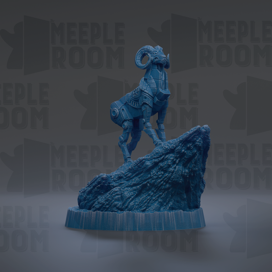 A blue, metallic statue of a ram standing on a rock formation against a dark background.