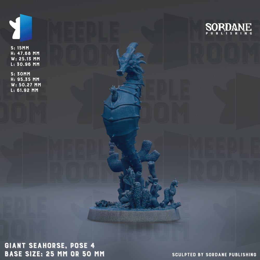 a giant seahorse sculpture with a detailed design and a blue color. The seahorse is posed on a base, and the base size is either 25mm or 50mm. The image is published by Sordane Publishing.