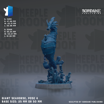 a giant seahorse sculpture with a detailed design and a blue color. The seahorse is posed on a base, and the base size is either 25mm or 50mm. The image is published by Sordane Publishing.