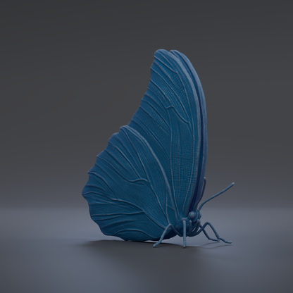 A 3D rendering of a blue butterfly with its wings spread, set against a dark background.