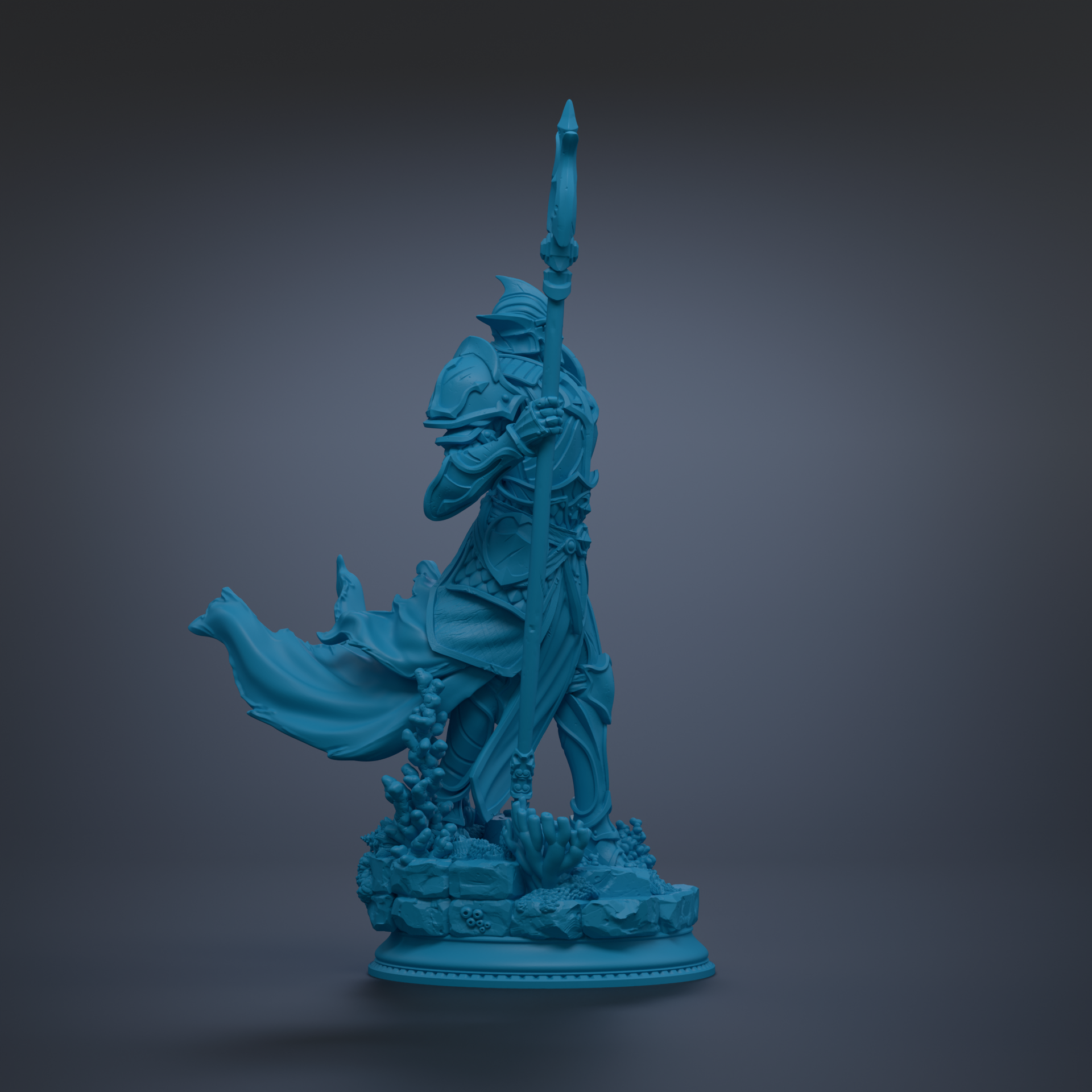 A blue statue of a figure holding a spear and standing on a pedestal against a dark background.