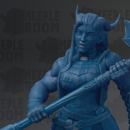A blue statue of a warrior figure holding a weapon and standing in a fighting stance.