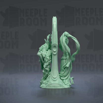 a green statue of a woman with flowing hair and a flowing skirt, standing on a pedestal with the word "REPERCANCE" written on it.
