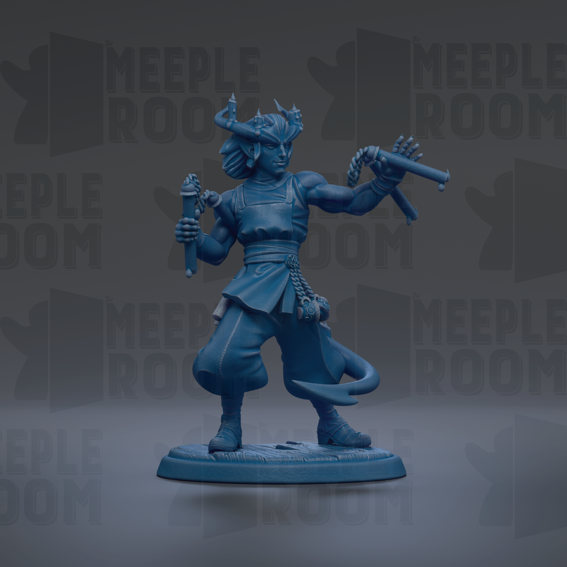 A blue figurine of a warrior-like character with horns and a sword, standing on a base and holding a shield.