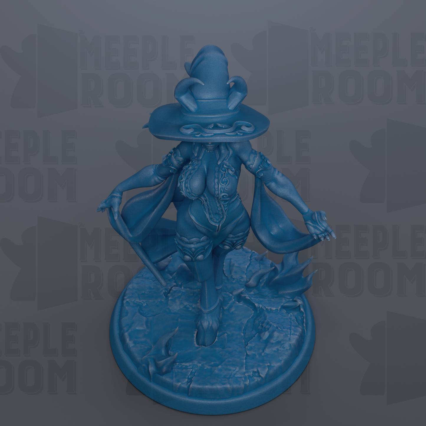 A blue figurine of a character with a pointed hat and flowing cape, standing on a cracked base.