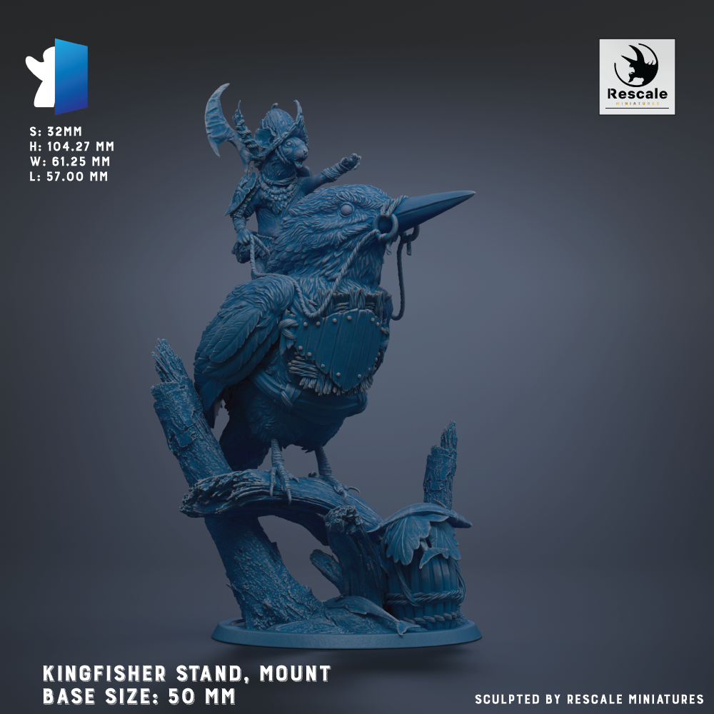 A 3D model of a Kingfisher stand, mounted on a bird-like creature, with a person riding on top. The base size of the stand is 50 millimeters.