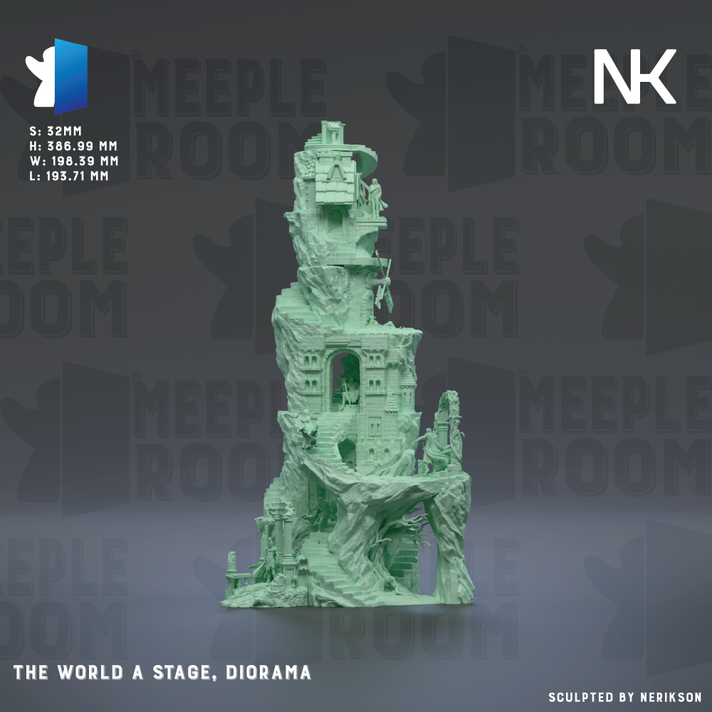 The image is a 3D rendering of a fantastical, multi-leveled structure resembling a castle or palace, with various architectural elements and staircases. The background is a dark gray color, which contrasts with the green color of the structure. The image is described as a "world a stage, diorama" and is labeled as a "sculpted by NERIKSON" piece.