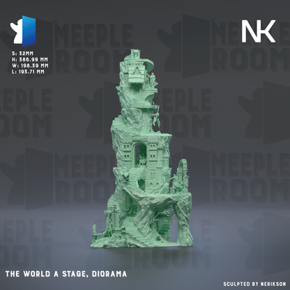 The image is a 3D rendering of a fantastical, multi-leveled structure resembling a castle or palace, with various architectural elements and staircases. The background is a dark gray color, which contrasts with the green color of the structure. The image is described as a "world a stage, diorama" and is labeled as a "sculpted by NERIKSON" piece.