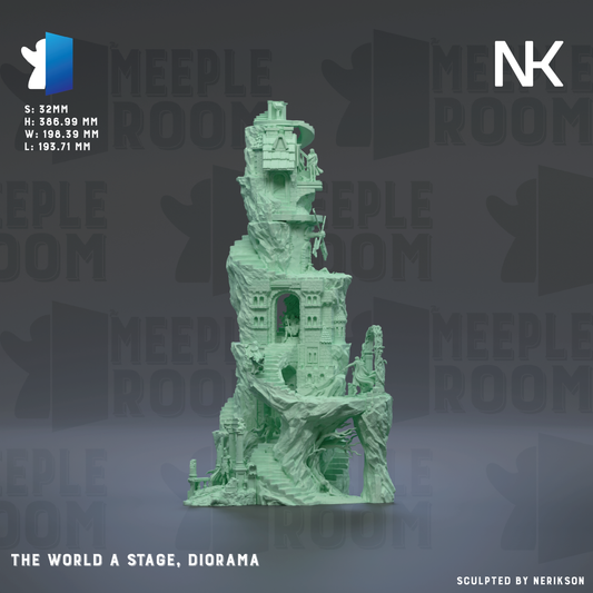 The image is a 3D rendering of a fantastical, multi-leveled structure resembling a castle or palace, with various architectural elements and staircases. The background is a dark gray color, which contrasts with the green color of the structure. The image is described as a "world a stage, diorama" and is labeled as a "sculpted by NERIKSON" piece.