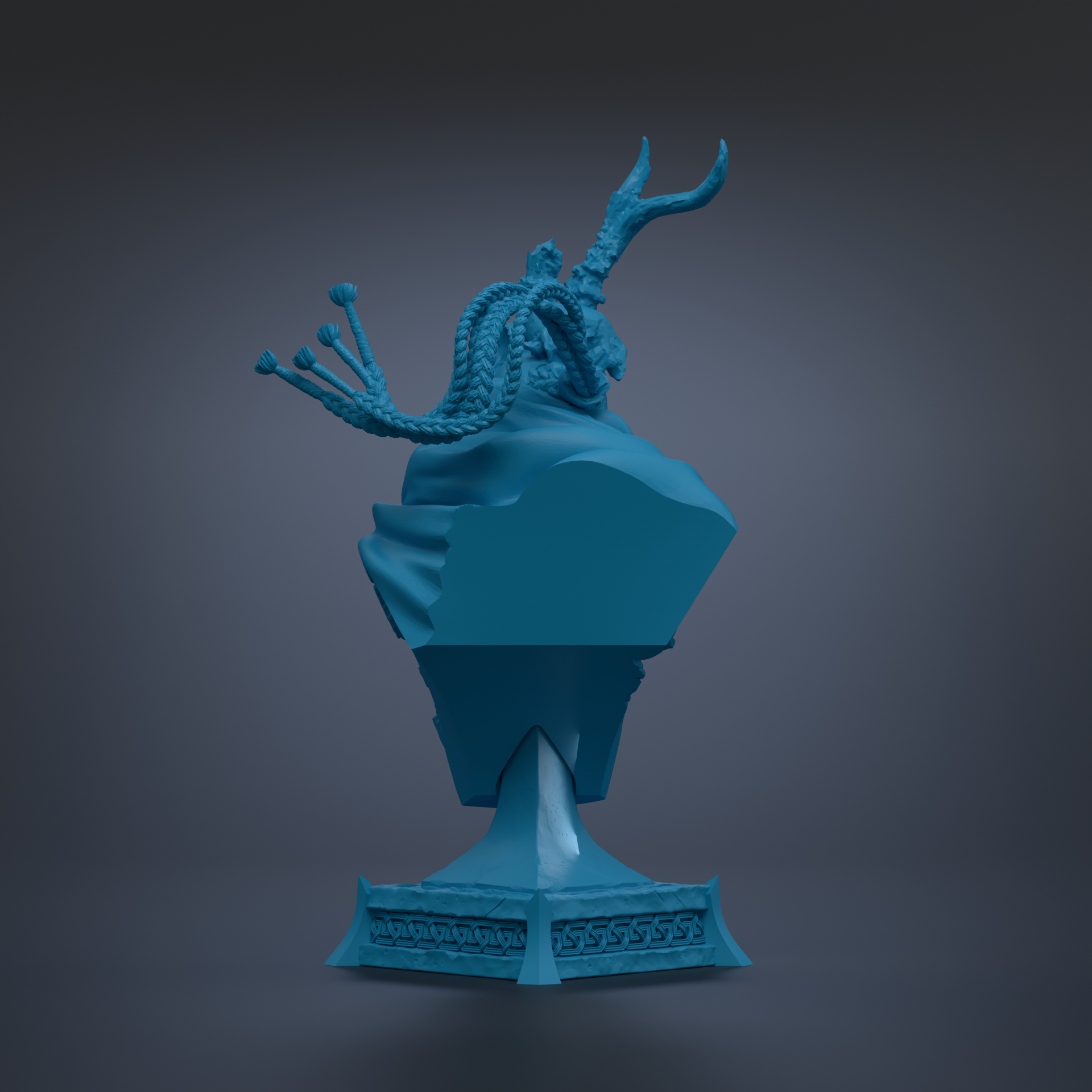 A blue, 3D-rendered statue of a dragon-like creature with a long, curved tail and sharp, pointed horns.