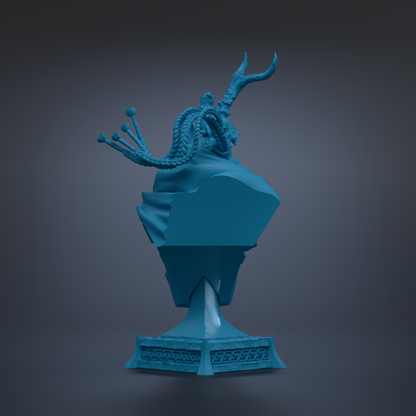 A blue, 3D-rendered statue of a dragon-like creature with a long, curved tail and sharp, pointed horns.