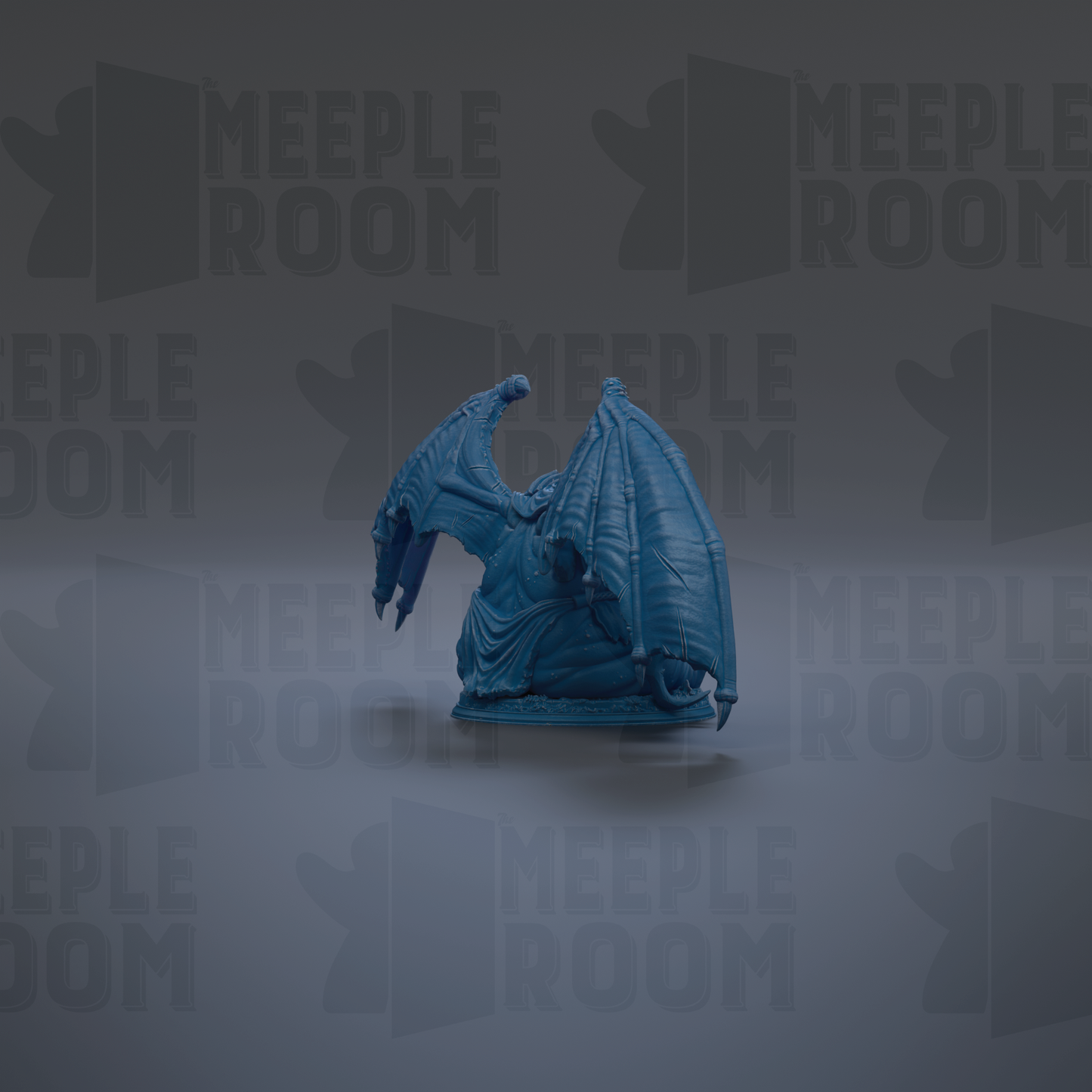 A blue dragon figurine is displayed against a dark background with repeated text.
