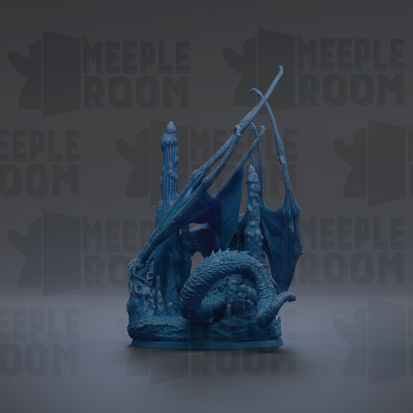A blue dragon figurine is displayed against a dark background with repeated text.