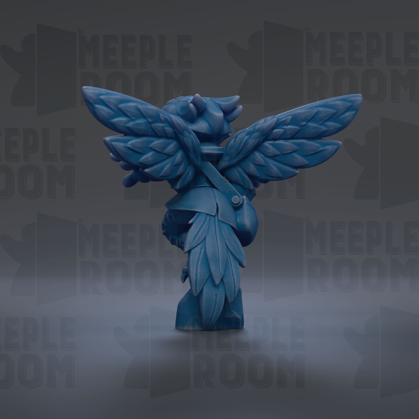 A blue, winged statue with a detailed design stands against a dark background with repeated text.