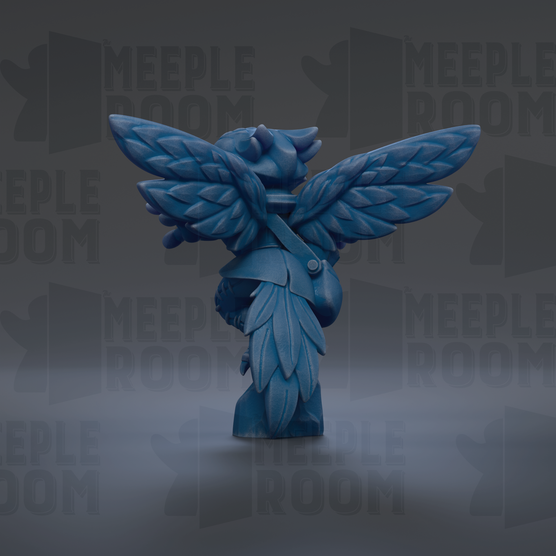 A blue, winged statue with a detailed design stands against a dark background with repeated text.