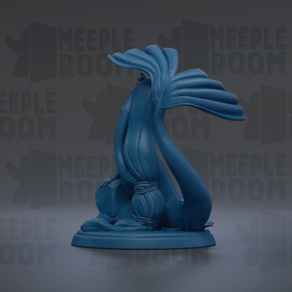 A blue, abstract sculpture with flowing, organic shapes and a textured surface, set against a dark background with repeated text.