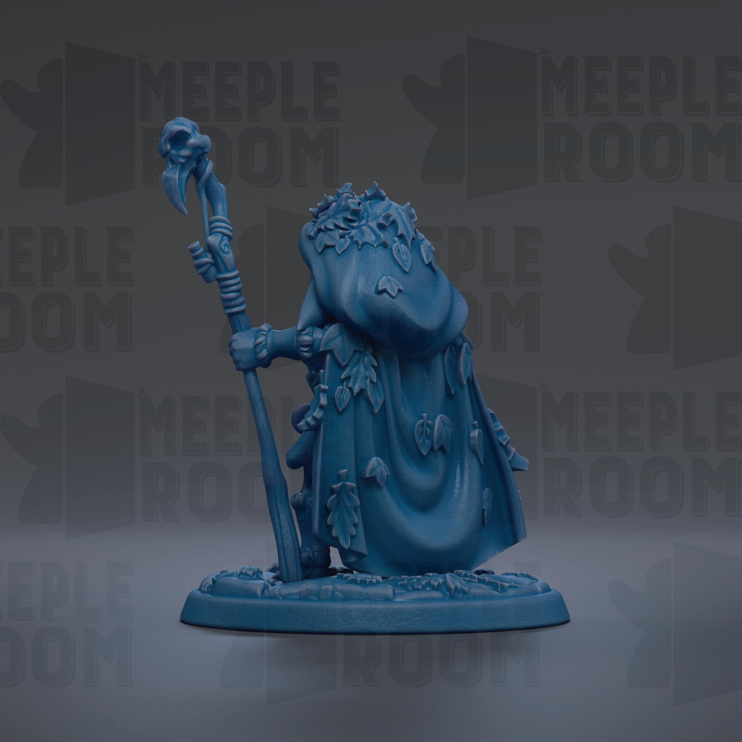 A blue figurine of a person holding a staff and wearing a leafy garment, set against a dark background with repeated text.