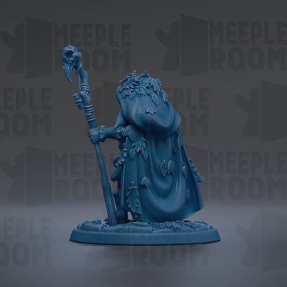 A blue figurine of a person holding a staff and wearing a leafy garment, set against a dark background with repeated text.