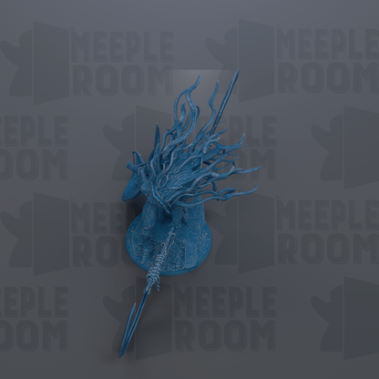 A blue, abstract sculpture with flowing, organic shapes and lines against a dark background.