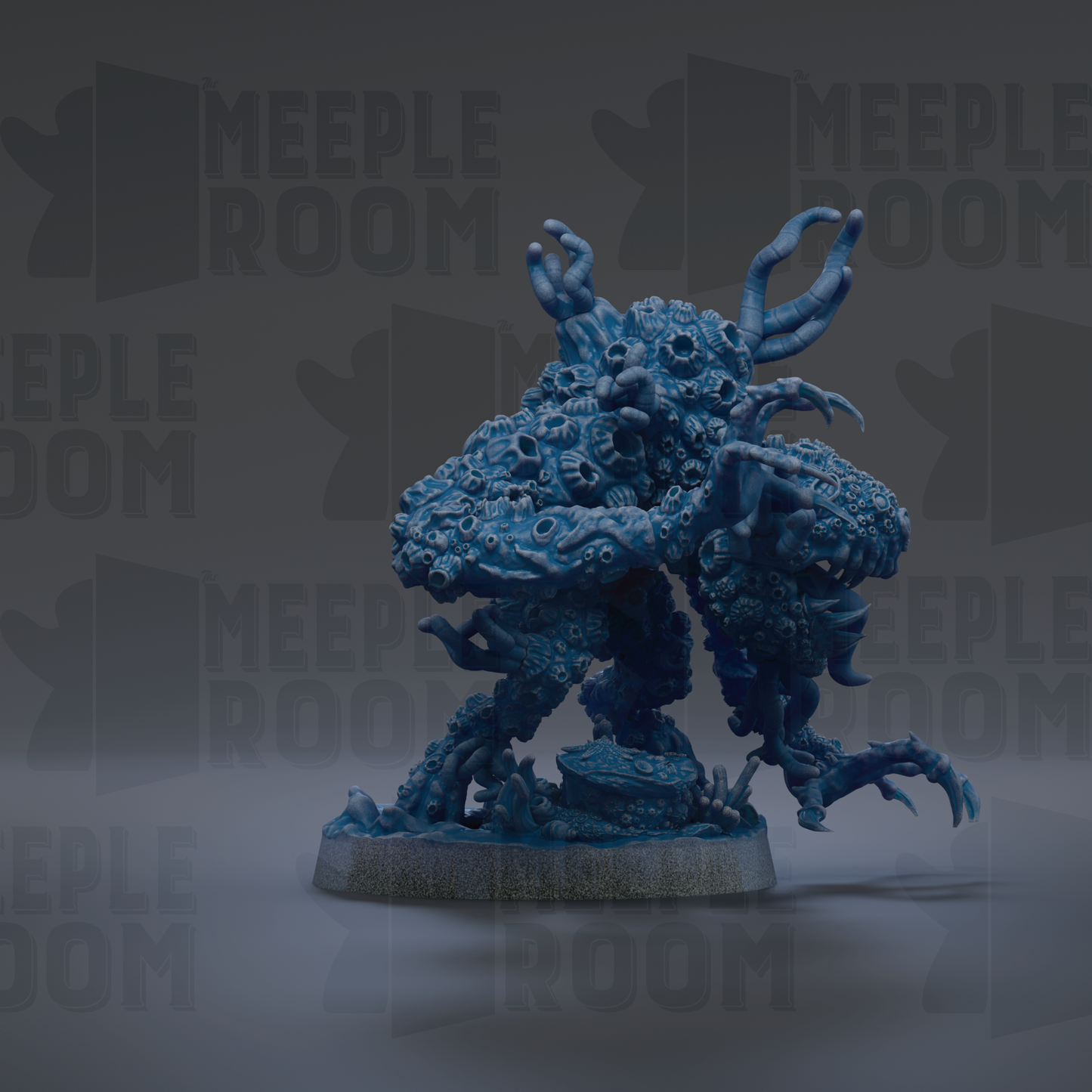 A 3D rendering of a blue, organic-looking creature with horns and claws, standing on a base.