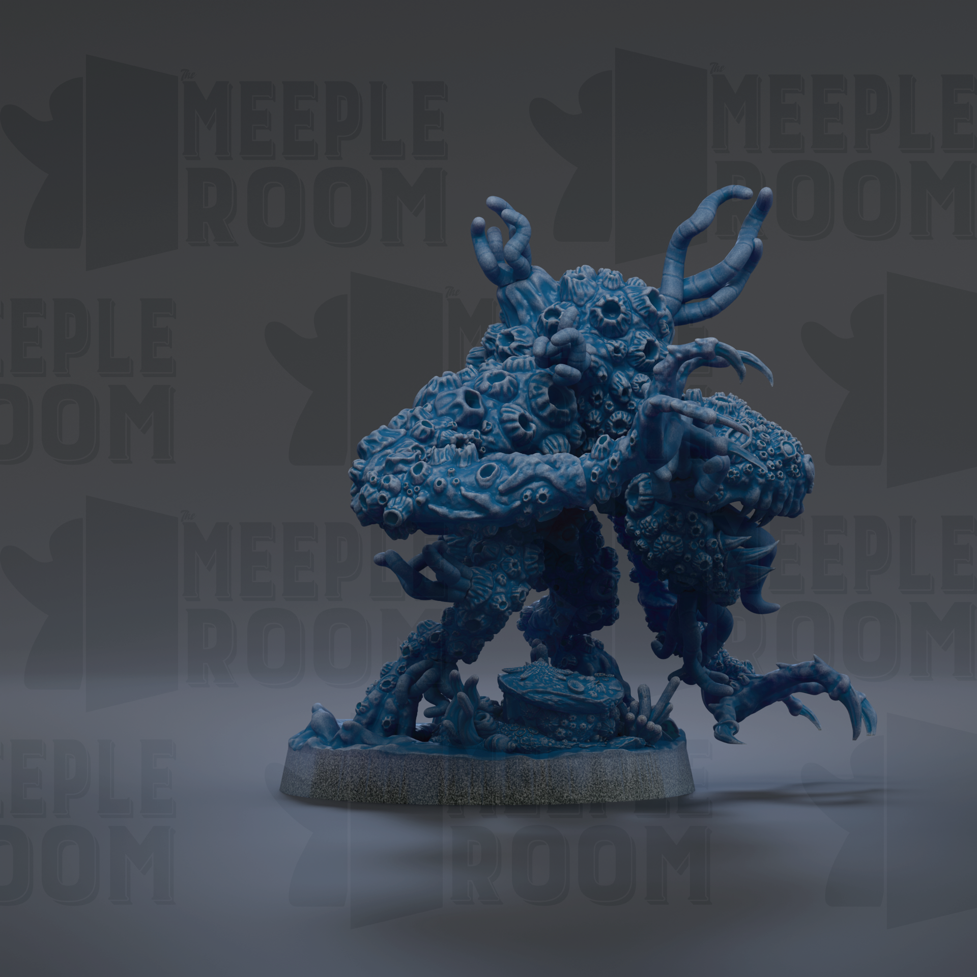 A 3D rendering of a blue, organic-looking creature with horns and claws, standing on a base.