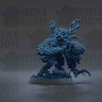 A 3D rendering of a blue, organic-looking creature with horns and claws, standing on a base.