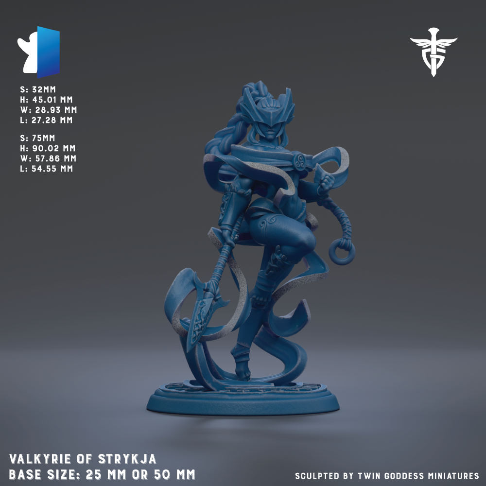 The image is a 3D rendering of a blue fantasy character, likely a female figure, with intricate details and a dynamic pose. The character is standing on a base that is either 25mm or 50mm in size, depending on the specific description. The image is a 3D model of the character, and it is presented against a dark background. The image does not contain any text or additional objects, and the focus is solely on the character and its base.